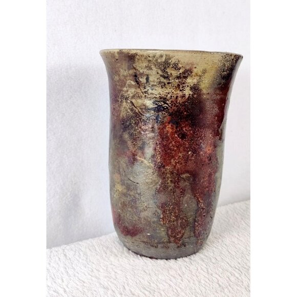 Raku Art Vase Brown Iridescent Tones Textured Rustic Tumbler Thrown Pottery 5.5" - Picture 3 of 15